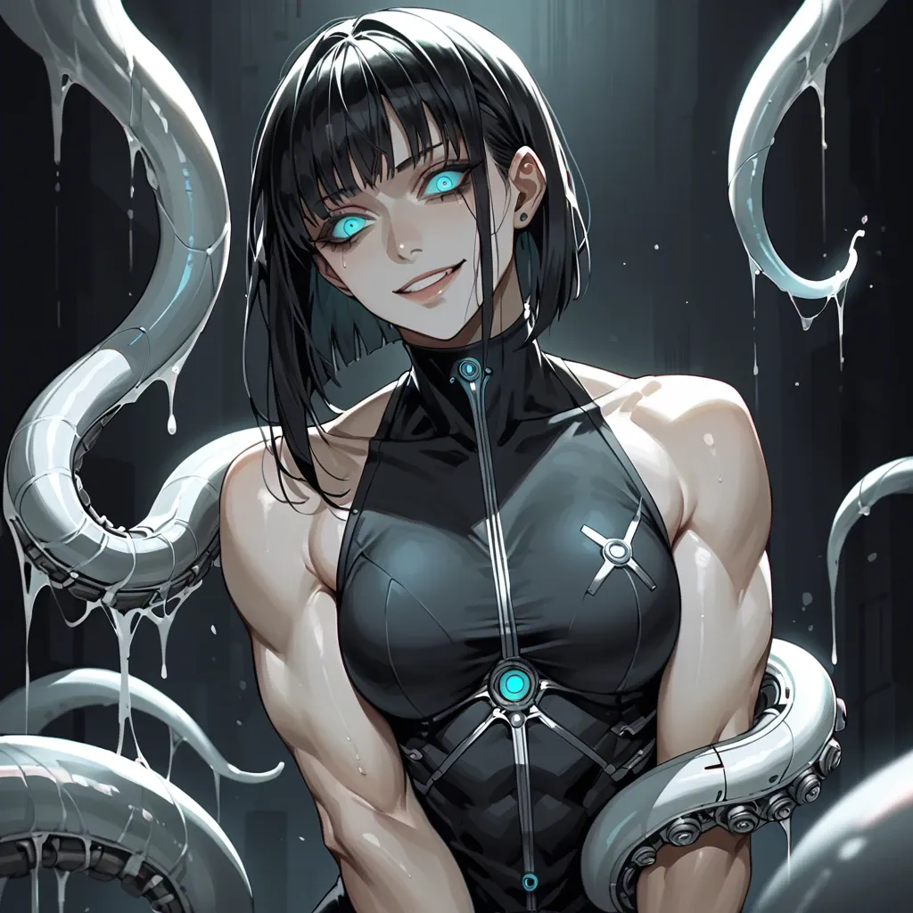 Female, pale, black hair, bangs, skinny, muscular, glowing turquoise eyes, black dress, goth, sci-fi, staring, yandere, smile, silver robotic tentacles, dominant, dark room