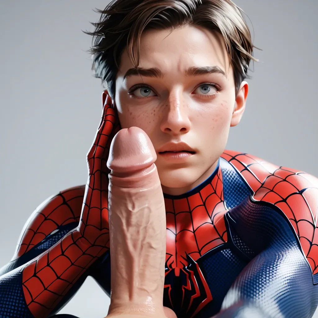 1femboy,3d, Spider-Man (peter parker),Spider-Man outfit, bare face,freckles,brunette,adorable male,,skinny male,mega penis,penis awe,close-up,pov,venom