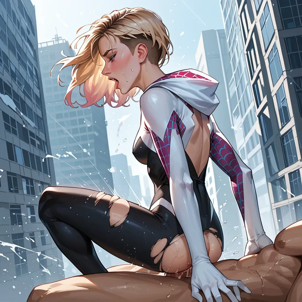 from side, profile, BREAK sidelighting, light particles, BREAK 1girl, spider gwen, torn suit, anal sex, cowgirl sex, riding, screaming in pleasure