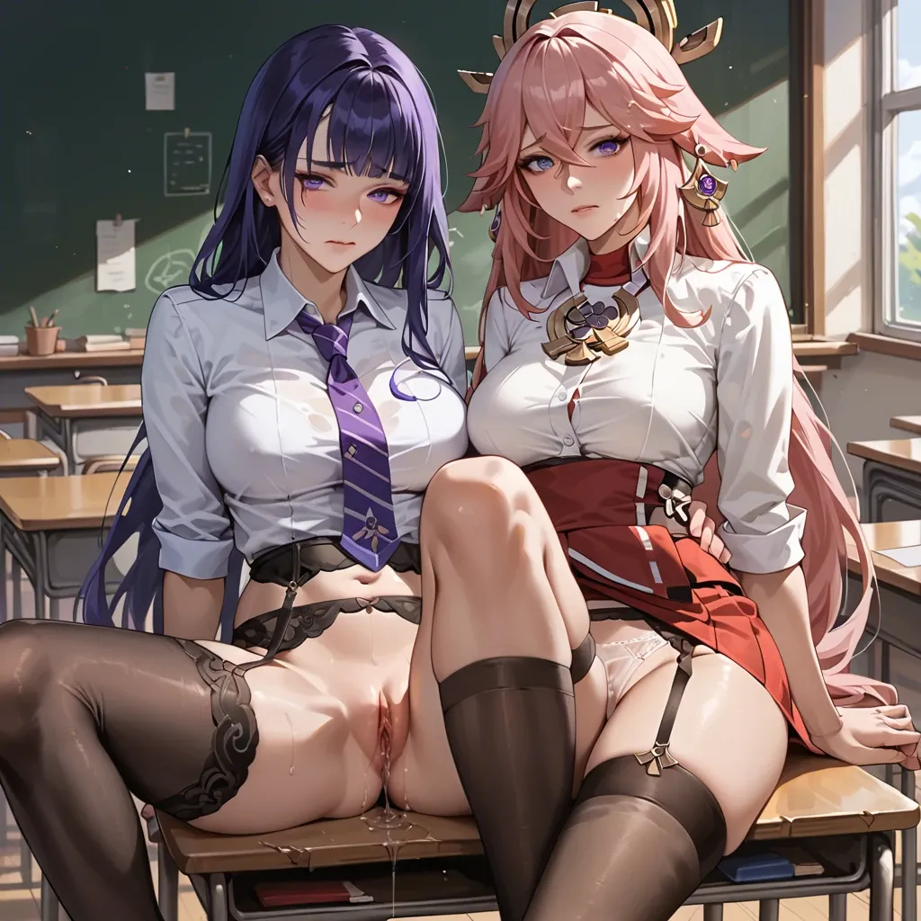 2 girls, Shogun Raiden from Genshin impact, Yae Miko from Genshin impact, tight clothes, gray miniskirt, stockings, medium rounded breasts, garter belt, classroom, sitting with legs apart, pussy juice, lace underwear, embarrassed, clear liquid running down legs, semi-realism,