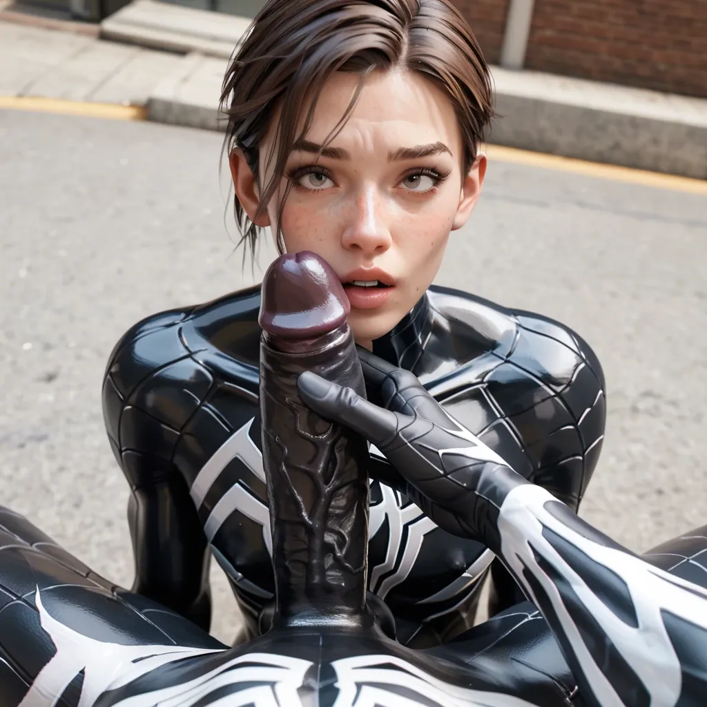 1femboy,3d, Spider-Man(peter parker),brunette,Spider-Man suit,bare face,freckles,adorable male,girly male,skinny male,large penis,penis awe,close-up,pov,venom penis,facial cum