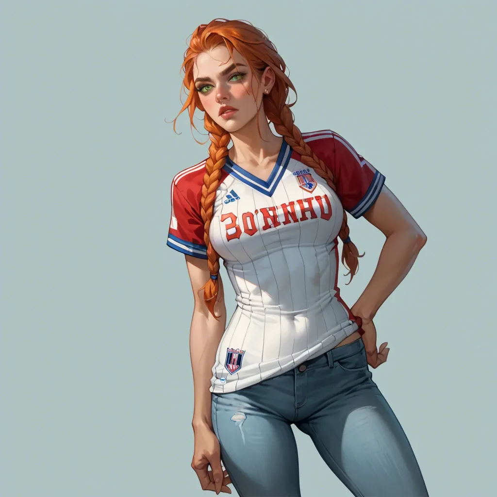 A ginger girl, with ginger eyebrows and hair, her hair is styled in braids. She's beautiful, she has green eyes, she's wearing a Bayern Munich football jersey and some jeans. She's at the streets. She's skinny and slim