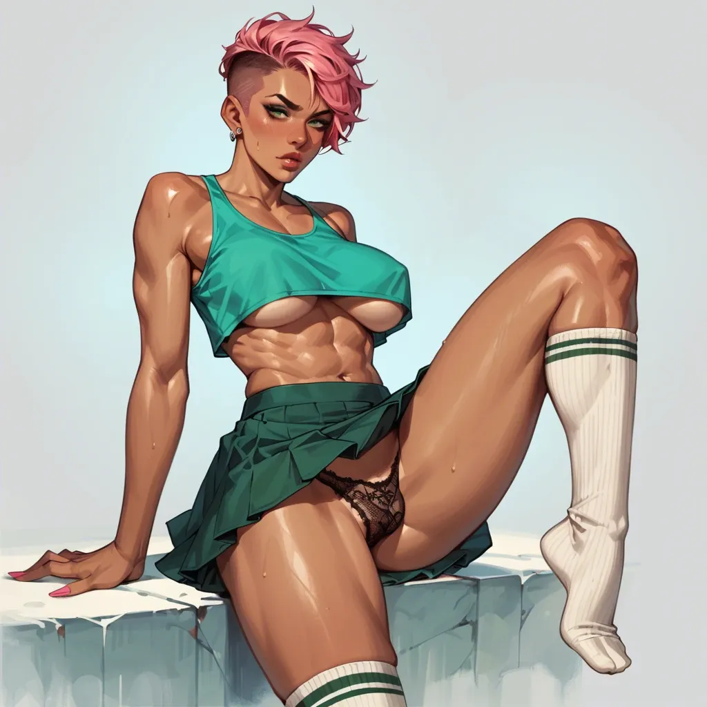 Busty futanari shemale human with Pink_hair pixie_cut dark_skin green_eyes tube_skirt and lace panties and crop_top with underboob, with knee high socks also showing and dick out poking through the bottom of the skirt sitting on a couch.