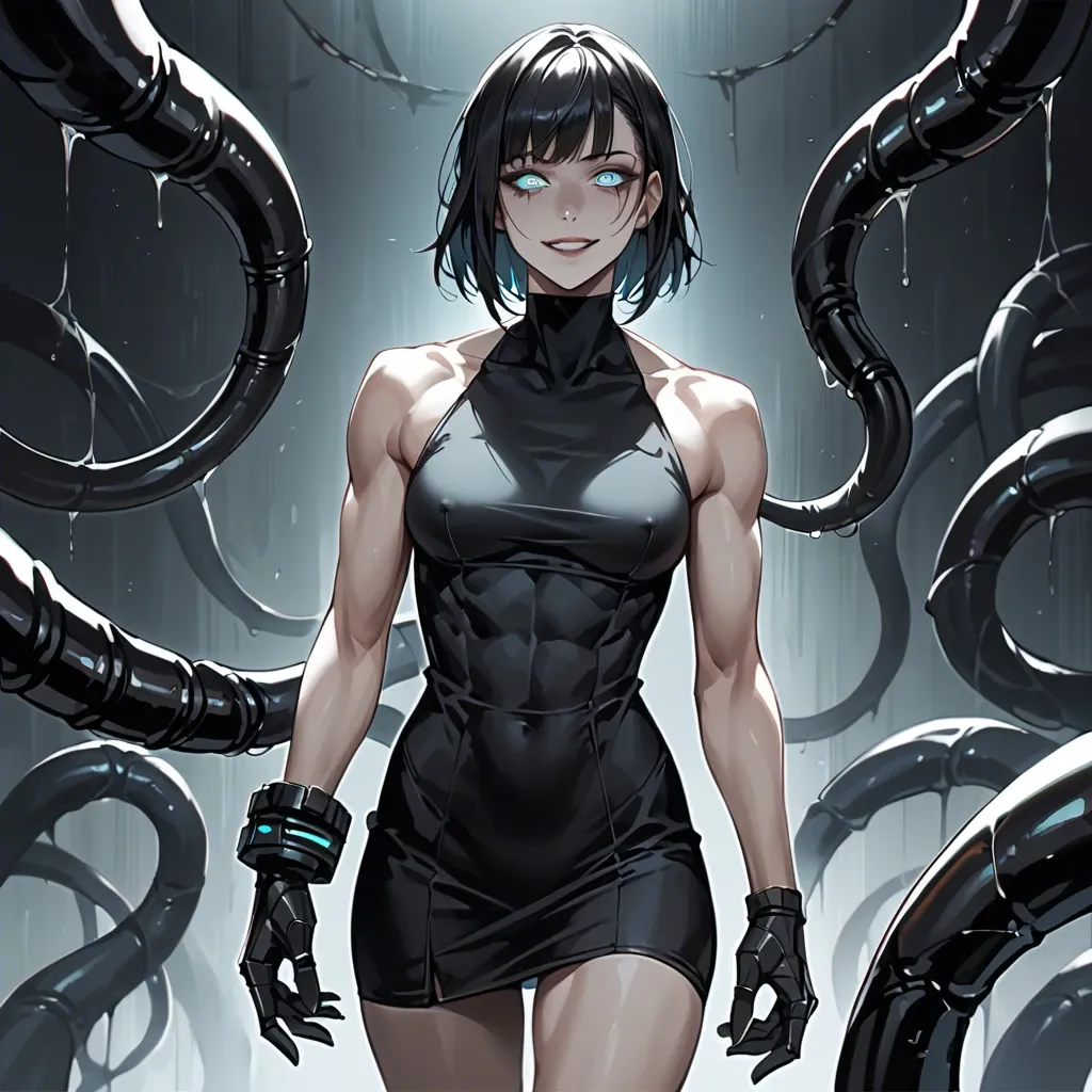 Female, pale, black hair, bangs, skinny, muscular, glowing turquoise eyes, black dress, goth, sci-fi, staring, yandere, smile, black robotic tentacles, dominant, dark room