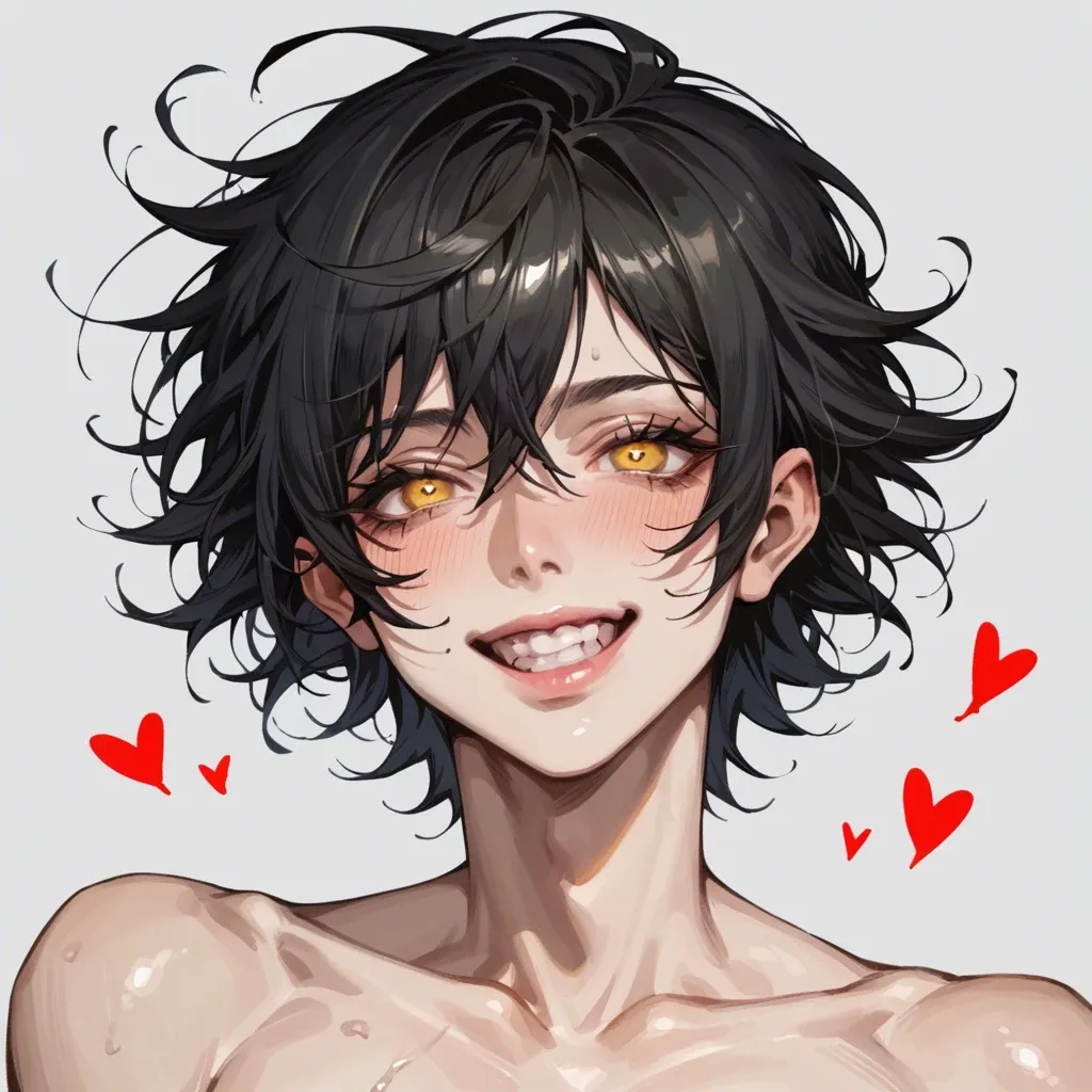 Femboy, pale-skinned femboy, black hair, yellow eyes, hearts in eyes, smile