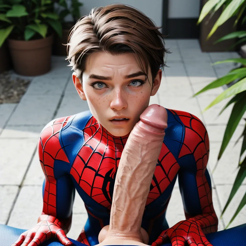 1femboy,3d, Spider-Man (peter parker),Spider-Man outfit, bare face,freckles,brunette,adorable male,girly male, skinny male, huge penis,penis awe,close-up,pov,jungle