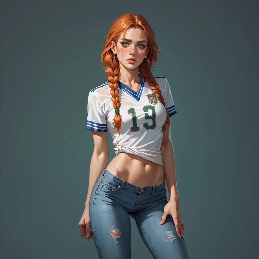 A ginger girl, with ginger eyebrows and hair, her hair is styled in braids. She's beautiful, she has green eyes, she's wearing a Bayern Munich football jersey and some jeans. She's at the streets. She's skinny and slim. Her face has cum and she's sweaty