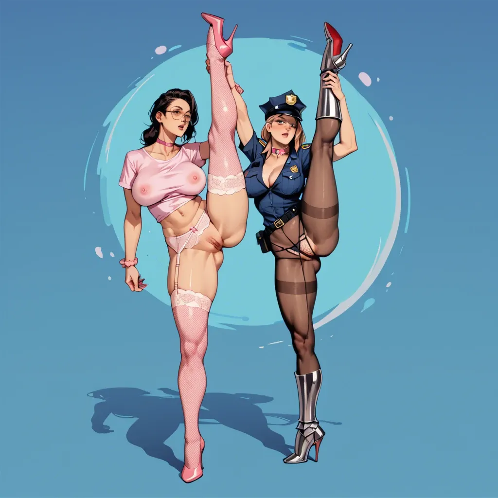 2girl, , , , catching,wrist,huge breasts,abstract,standing split, pulling shirt,pantyhose,pink choker,lingerie,armored boots, pink t-shirt,gold stockings,round glasses,lace lingerie,heels, police uniform,leg warmers,crown,crotchless,ballet shoes, city, cyberpunk, grabbing dildo, super mario, elsa hair, dynamic pov