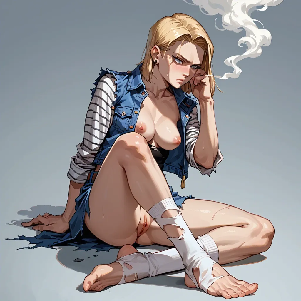 Android 18, torn clothes, long socks, barefoot, confused, thinking, smoke from ears, smoke from head. Getting arrested