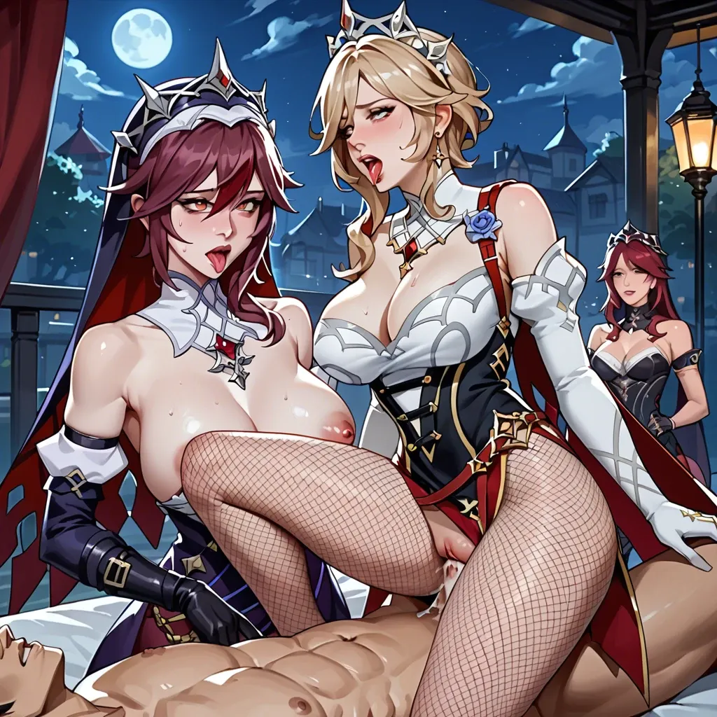 3 girls, genshin impact, rosaria, lisa, night, ahegao, fishnet tights, rough sex, 1 man, diluc,  jean watching