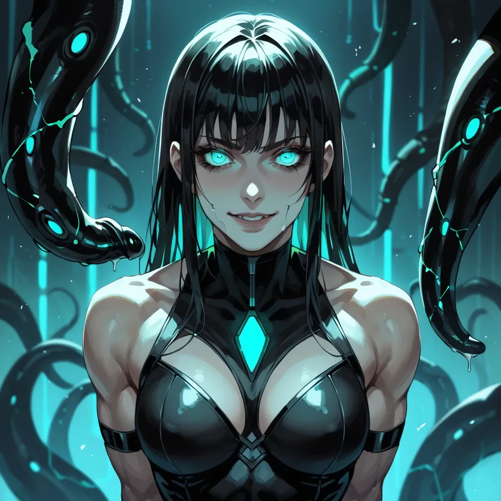 Female, pale, black hair, bangs, skinny, muscular, glowing turquoise eyes, black dress, goth, sci-fi, staring, yandere, smile, black segmented robotic tentacles emerging from mouth, turquoise lights, dominant, dark room