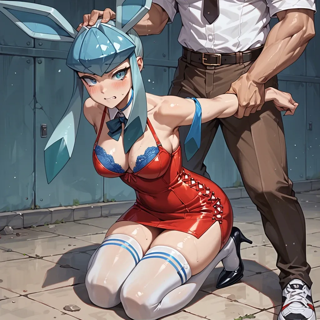 1girl,1boy, , , , arching,legs wide,huge boobs,pec,kneeling, red dress,thighhighs,detached collar,laced bodysuit,sneakers, brown skirt,glaceon,blue choker,bra lift,heels, office outfit, street fighter, medieval prison, source anime, dimmed lights, tifa lockhart, spider-gwen, waifu