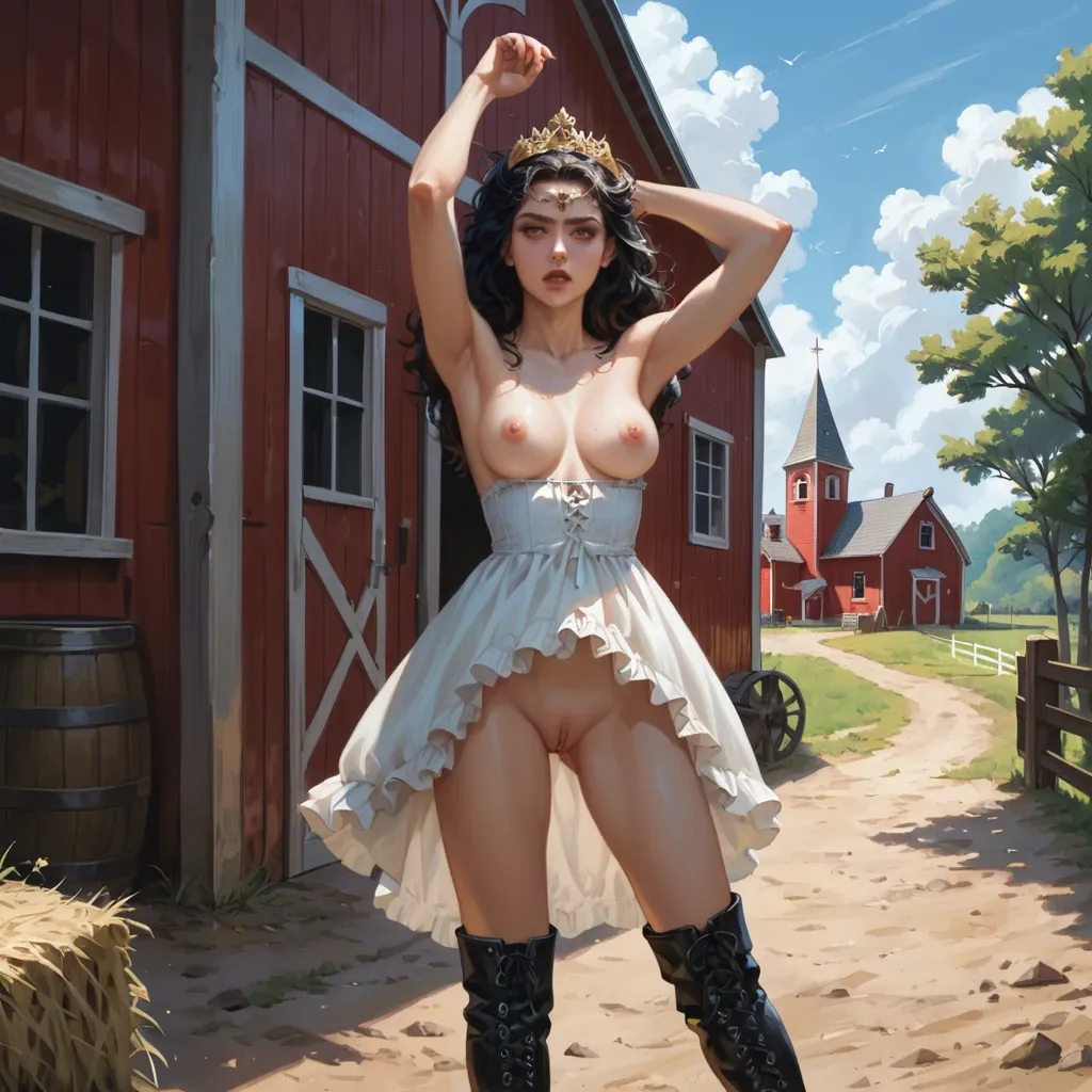 2girl, , , , detailed irises,arm raised,perky breasts,skinny abdomen,standing alone, lift dress up,socks,golden tiara,swimsuit,gothic boots, barn, on the street, castle, grabbed hair, high-detailed, bright eyes, zelda, spider-gwen