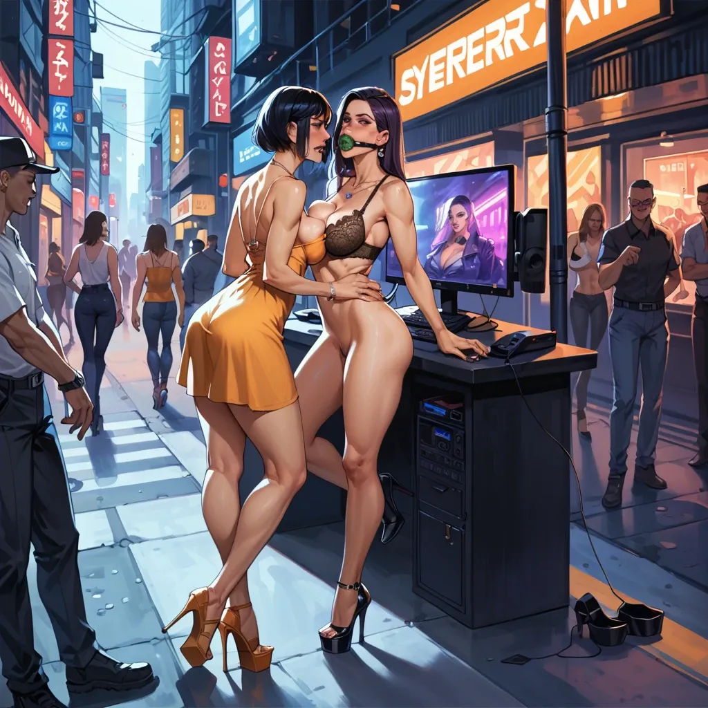 2girl, , , , thin nose,5 fingers,round big tits,breast press,golden necklace, orange sundress,laces,purple necklace,lace bra,stiletto heels, gamer bedroom, crowded street, cyberpunk, computers, gagged, realistic, dark sky, elsa, dynamic pose