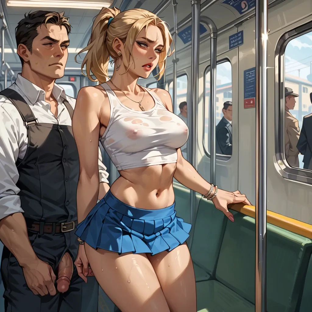 She is in crop top and mini skirt, a pervert man behind her, in her back is rubbing  his penis against her back and against her skirt In a subway train, in the middle of a very compact crowd with lots of people. A blonde sexy girl, with braid and blue eyes is standing, packed tightly with other passengers She wears crop top, mini skirt and black stockings. A man hidden in the crowd, behind her, quietly passes his hand under her skirt to touch her. She is excited and the top of her thighs is wet. View: Low view, bottom view Ultra realistic.  Highly detailed.  Awesome art work.  Explicit scene Adulte content. 3D pretty. NSFW