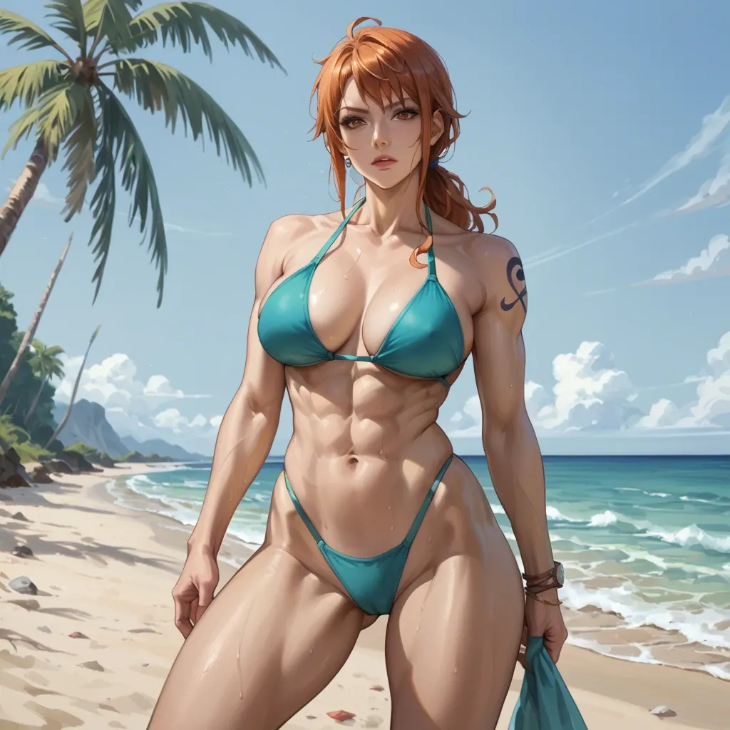 6 pack abs Nami, wear high leg bikini, in beach