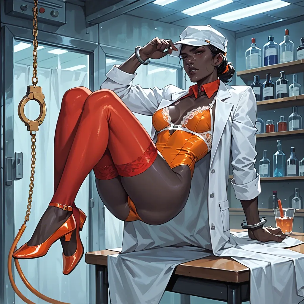 1girl,solo, , , , bubble in nose,handcuffs,medium breasts,lab coat,black skin man, dress,red thighhighs,detached collar,orange leotard,ballet shoes, white crop top,lace bra,garrison cap,beige bra,platform heels, wet shirt,black stockings,tied,crotchless,white sneakers, inside bedroom, subway, cyberpunk, beds, anime, bright colors, zelda, wonder woman, rapunzel waifu