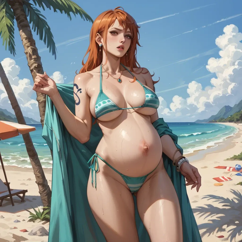 pregnant Nami, wear vinyl bikini, standing in beach