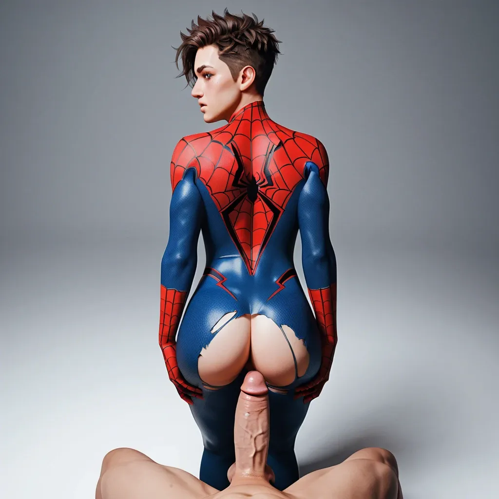 1femboy,3d,spiky male hair,brunette, spider-man bodysuit,bare face,freckles,adorable male,girly male,large penis,pov,standing, presenting ass,ripped bodysuit,bulge,awe,before penetration