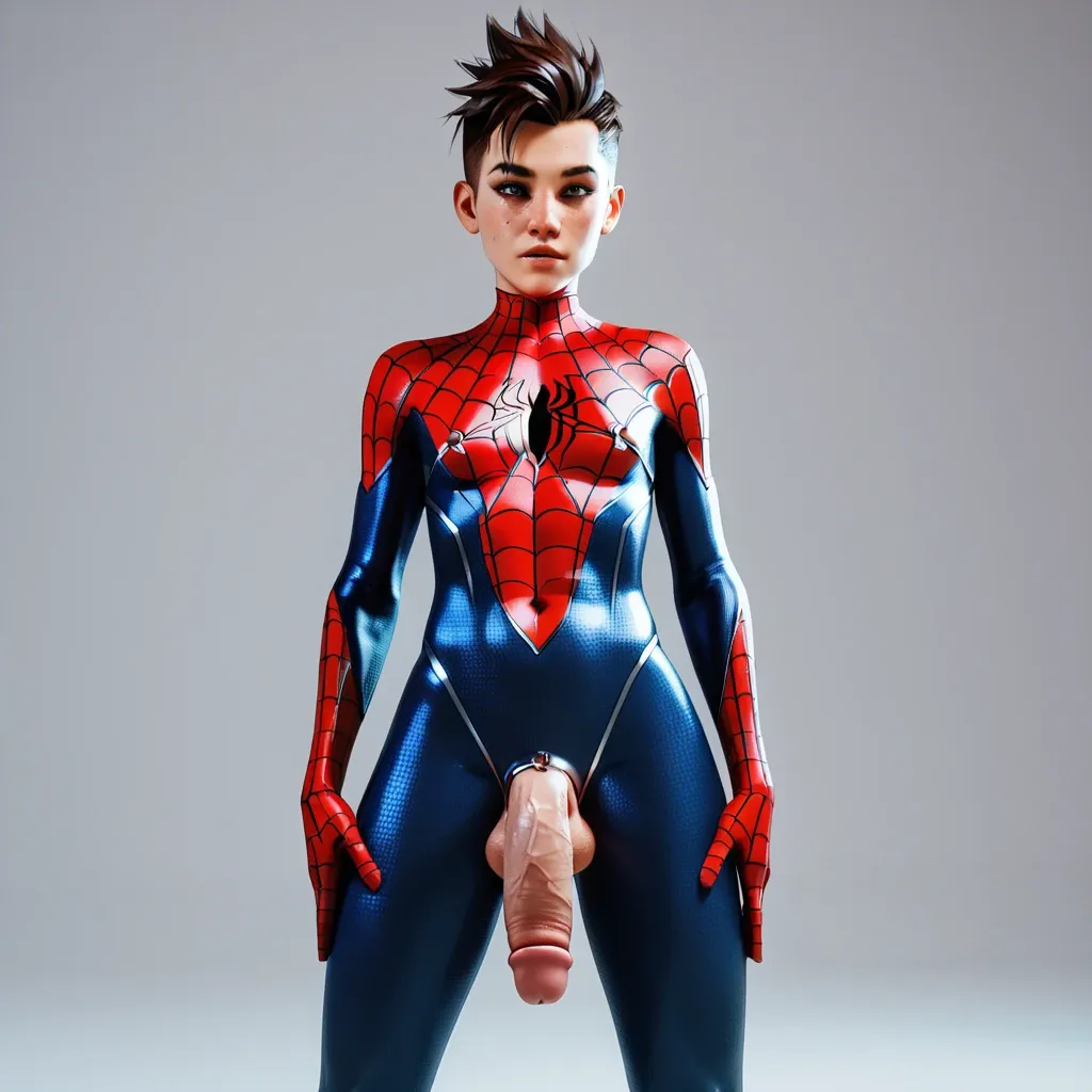 1femboy,3d,spiky male hair,brunette, spider-man bodysuit,bare face,freckles,adorable male,girly male,chastitycage,miniboy on penis, gigantic penis,extreme size difference,asshole,jungle