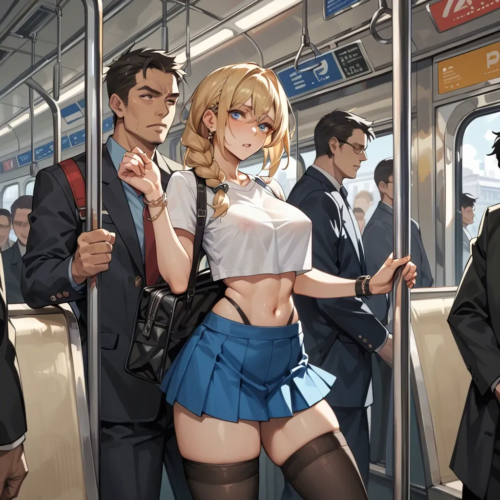 She is in crop top and mini skirt, black stockings In a subway train, in the middle of a very compact crowd with lots of people. A blonde sexy girl, with braid and blue eyes is standing, packed tightly with other passengers. A man in the crowd is discreetly fingering her pussy under her skirt. She wears crop top, mini skirt and black stockings. A man hidden in the crowd, behind her, quietly passes his hand under her skirt to touch her. She is excited and the top of her thighs is wet. View: Low view, bottom view Ultra realistic.  Highly detailed.  Awesome art work.  Explicit scene Adulte content. 3D pretty. NSFW