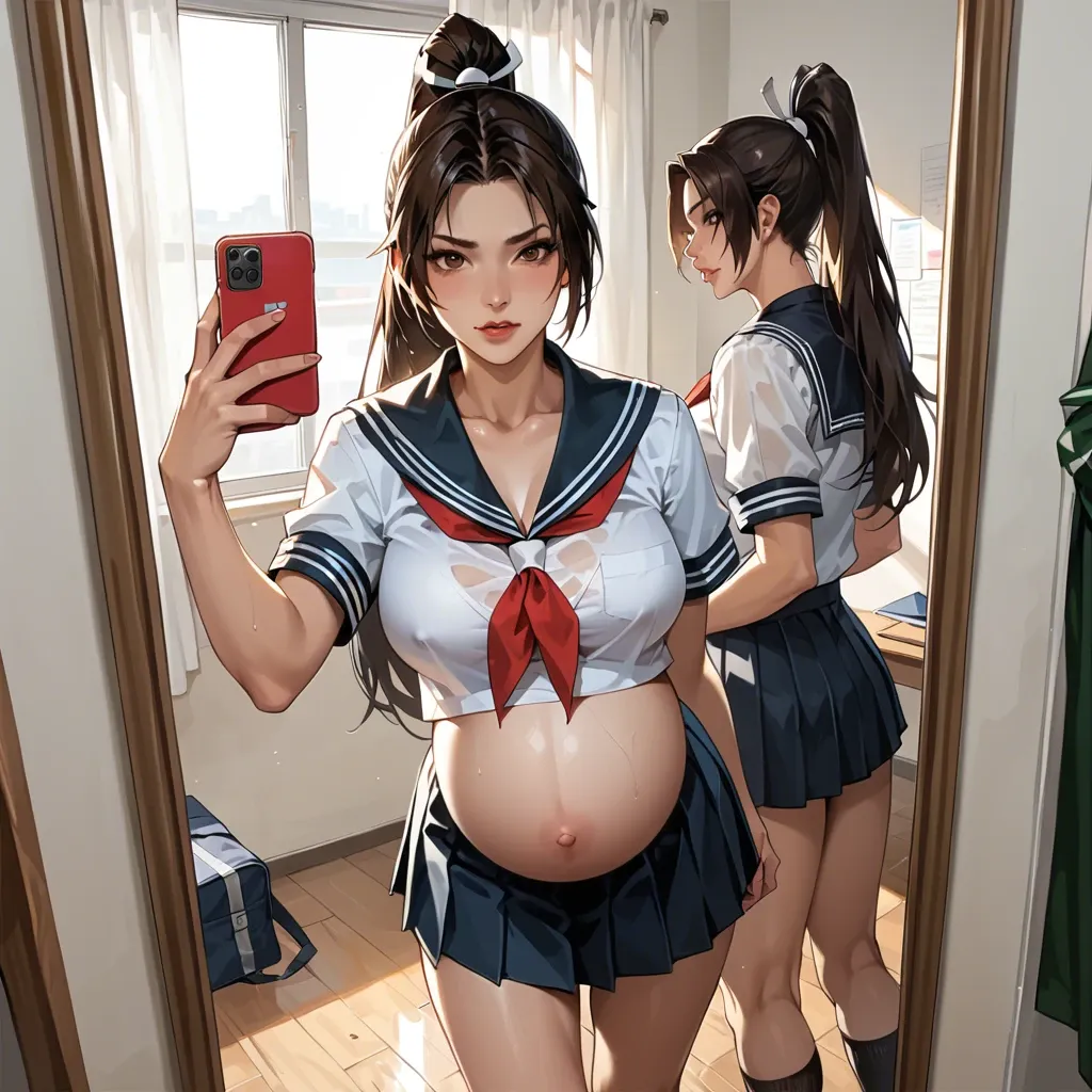 pregnant shiranui mai, wear school uniform, selfie in front of mirror, in classroom