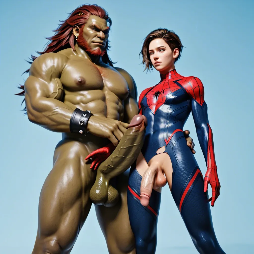 1femboy,3d,spiky male hair,brunette, spider-man bodysuit,bare face,freckles,adorable male,girly male,skinny male,miniboy on penis,ganondorf, gigantic penis,extreme size difference,anal,pov penetration,close-up