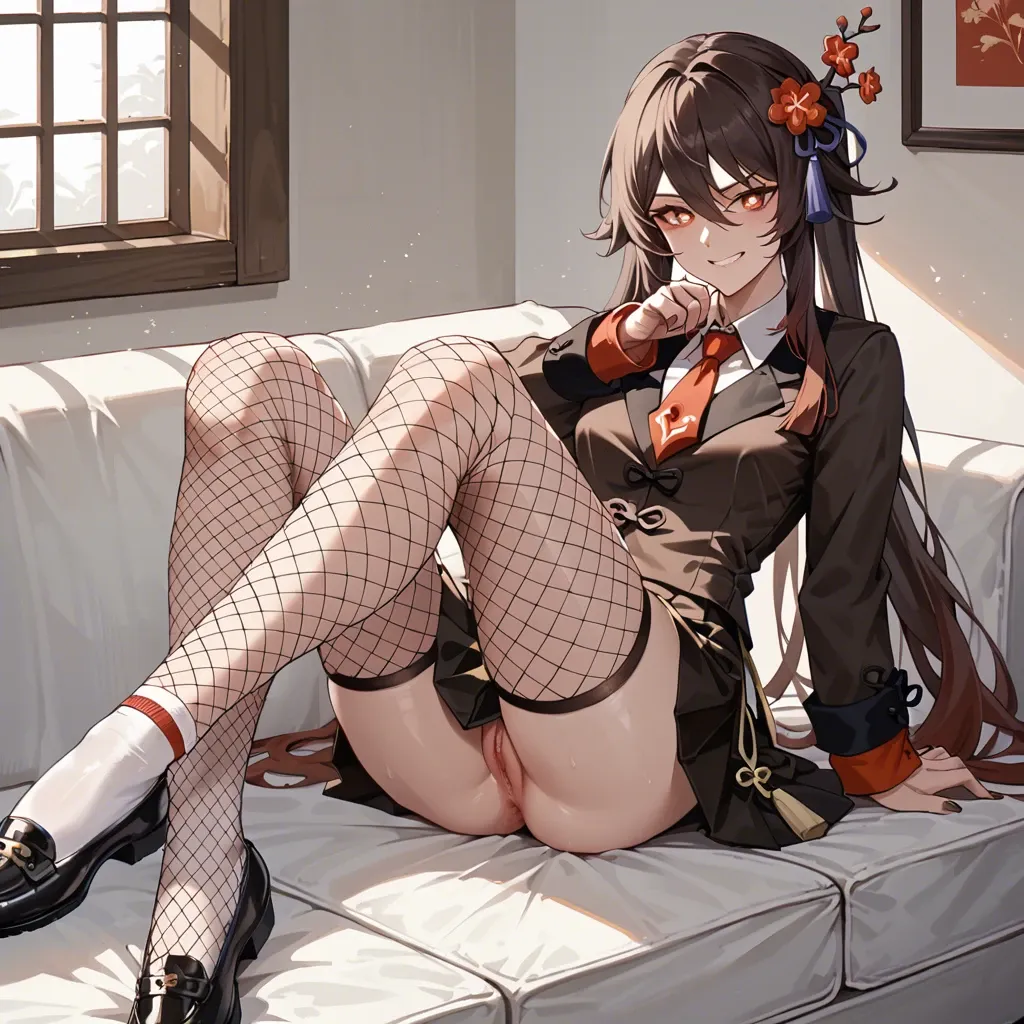 1girl, solo, hu tao, genshin impact, solo, alternative costume, school uniform, smirk, big boobs, fishnet tights, on sofa