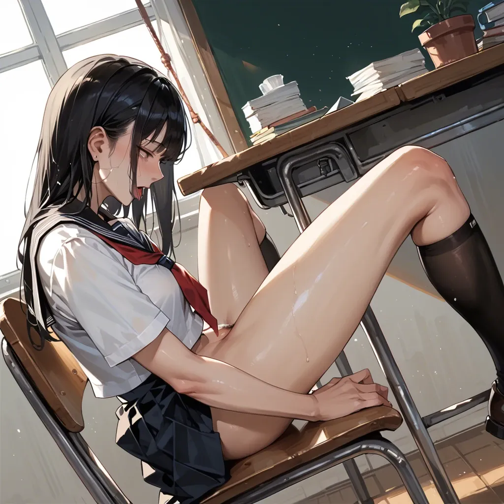 a girl gets cunnilingus done under a chair, a girl with black hair, in a Japanese school uniform, legs spread, cunnilingus on a chair, cunnilingus under a desk, dynamic angle