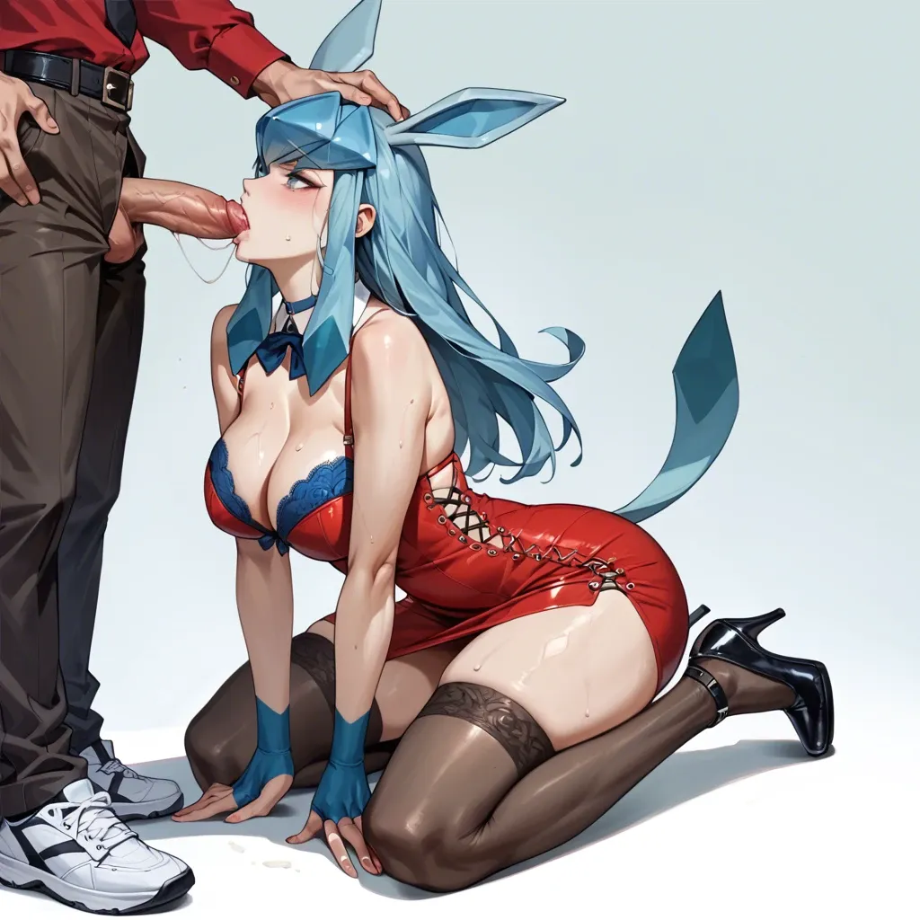 1girl,1boy, , , , arching,legs wide,huge boobs,pec,kneeling, red dress,thighhighs,detached collar,laced bodysuit,sneakers, brown skirt,glaceon,blue choker,bra lift,heels, office outfit, street fighter, medieval prison, source anime, dimmed lights, tifa lockhart, spider-gwen, waifu