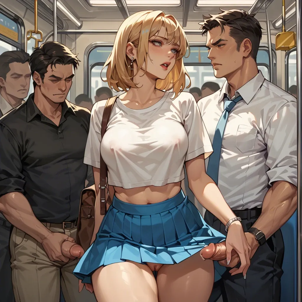 She is in crop top and mini skirt, a pervert man behind her, in her back is rubbing  his penis against her back and against her skirt In a subway train, in the middle of a very compact crowd with lots of people. A blonde sexy girl, with braid and blue eyes is standing, packed tightly with other passengers She wears crop top, mini skirt and black stockings. A man hidden in the crowd, behind her, quietly passes his hand under her skirt to touch her. She is excited and the top of her thighs is wet. View: Low view, bottom view Ultra realistic.  Highly detailed.  Awesome art work.  Explicit scene Adulte content. 3D pretty. NSFW