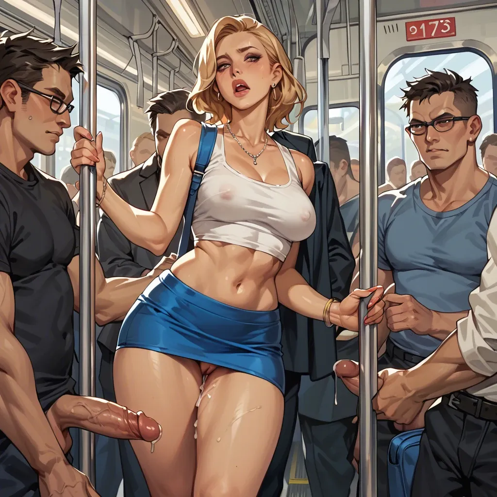 She is in crop top and mini skirt, a pervert man behind her, in her back is rubbing  his penis against her back and against her skirt In a subway train, in the middle of a very compact crowd with lots of people. A blonde sexy girl, with braid and blue eyes is standing, packed tightly with other passengers She wears crop top, mini skirt and black stockings. A man hidden in the crowd, behind her, quietly passes his hand under her skirt to touch her. She is excited and the top of her thighs is wet. View: Low view, bottom view Ultra realistic.  Highly detailed.  Awesome art work.  Explicit scene Adulte content. 3D pretty. NSFW