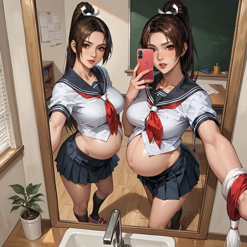 pregnant shiranui mai, wear school uniform, selfie in front of mirror, in classroom