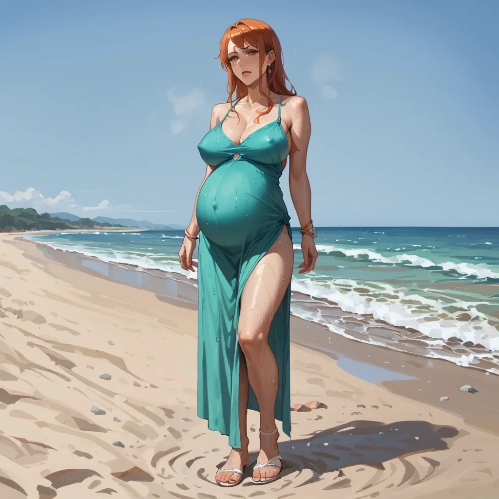 pregnant Nami, wear knit dress, standing in beach, sweat wet