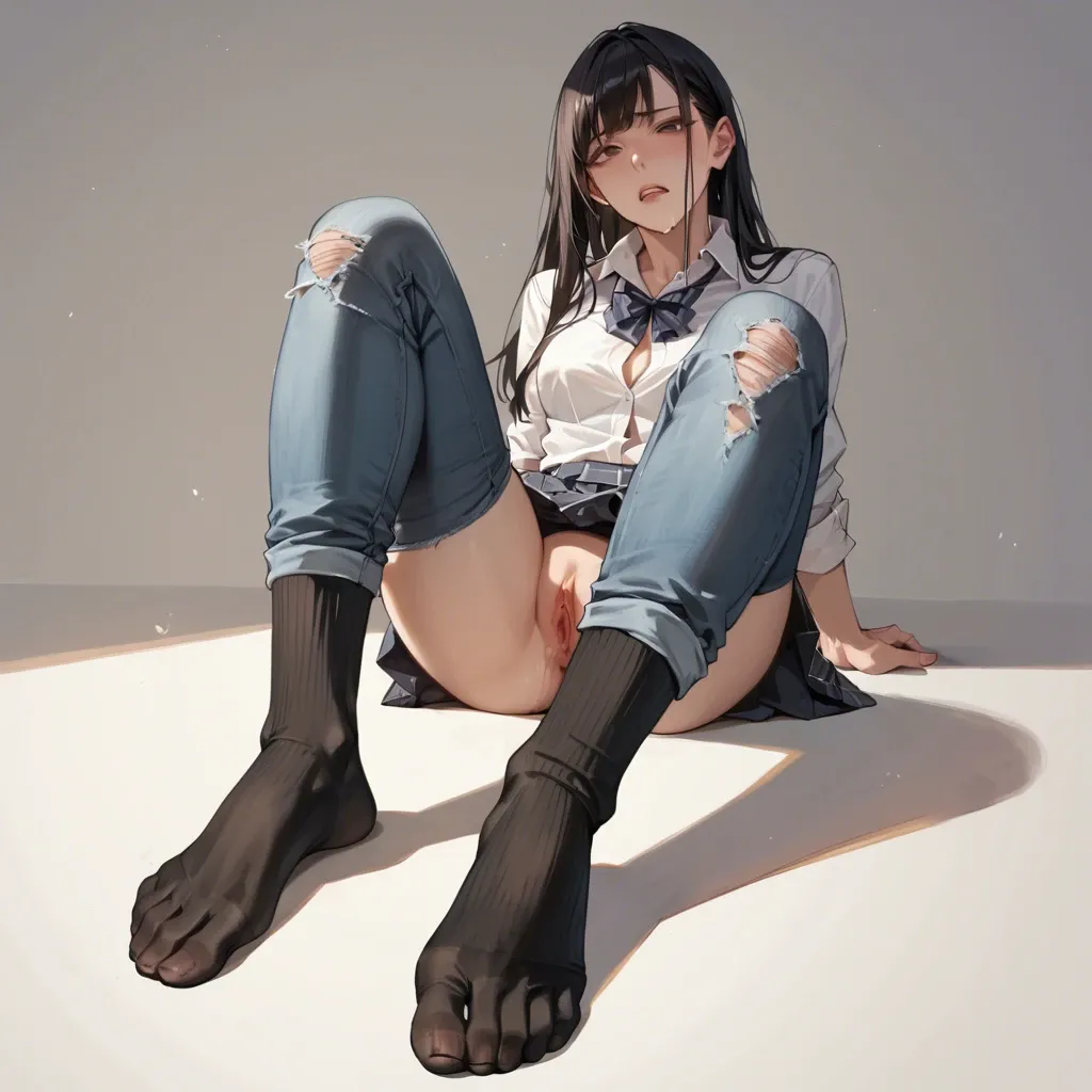 Foot, black socks, jeans, schoolgirl