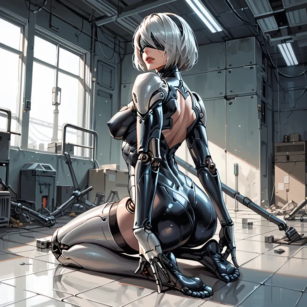 Yorha 2 b, only, solo, extreme tall, taller female, robot girl, two tone body, blue armor, black body, metallic face, two tone skin, mechanical, naked, nude, room, room filling, foot fetish