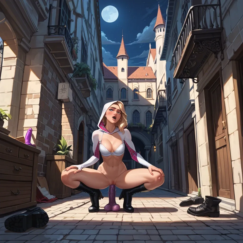 earrings,white bra,black boots, inside bedroom, alleyway, castle exterior, magic dildo, european, illustration, at night, 2b, spider-gwen, rapunzel waifu