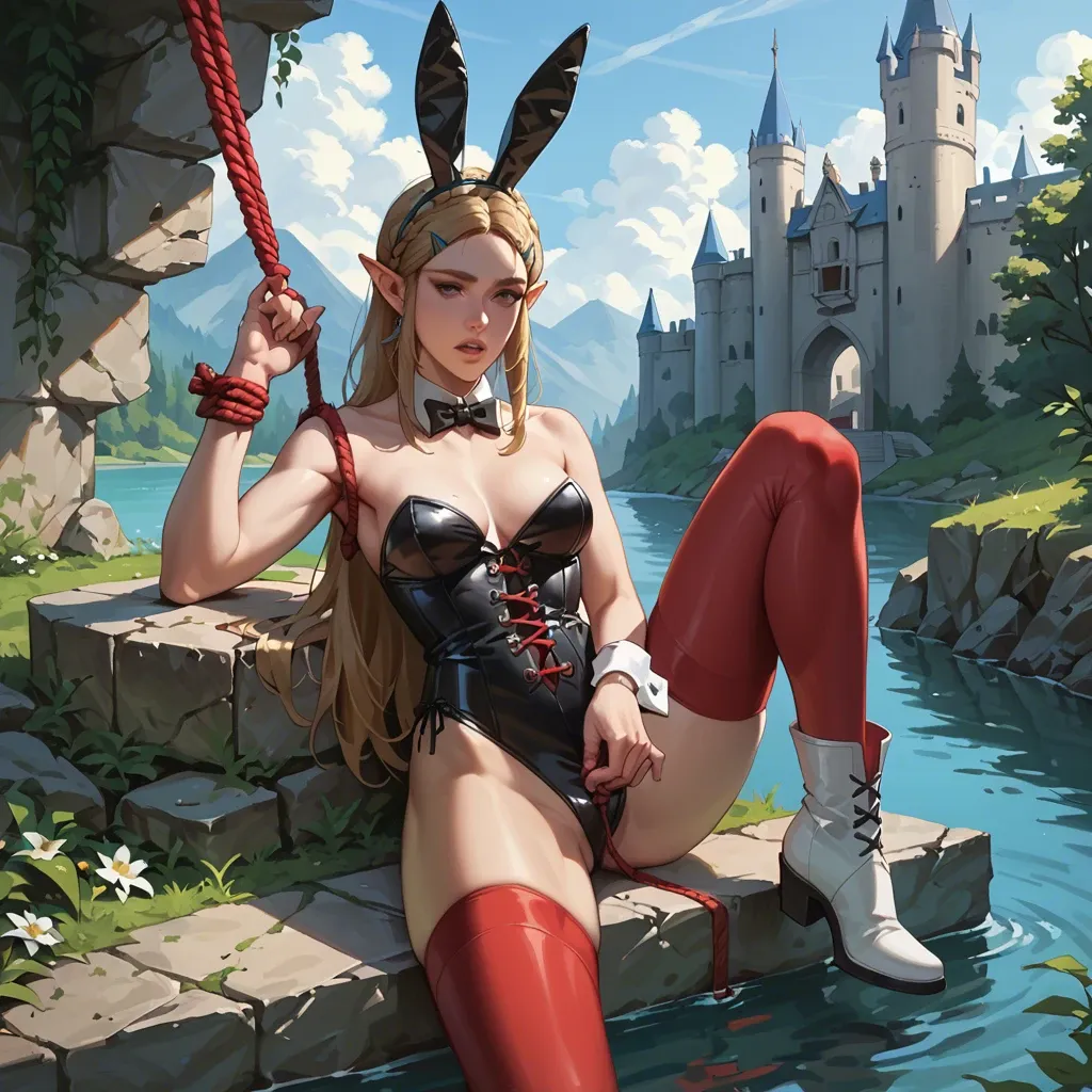 1girl,solo, , , , jaw,hand job,round boobs,waist,pale white skin, bunny costume,red thighhighs,tied up,black corset,white boots, bedroom, in the river, castle, red rope, zelda sd, wonder woman, ariel waifu