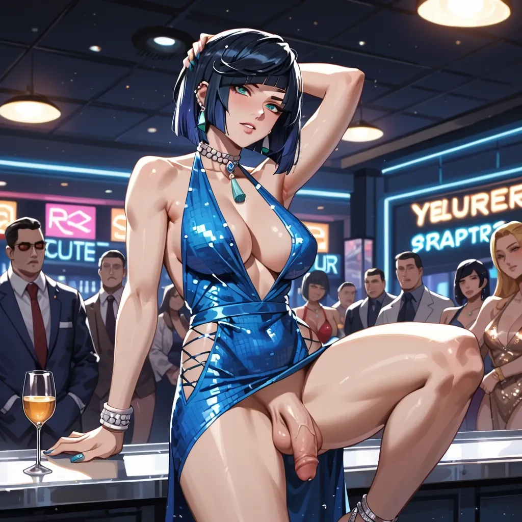 Yelan, blue dress, sequin dress, plunging neckline, pelvic curtain, futanari, flaccid penis, flaccid penis under clothes, flaccid penis beneath clothes, ((strip club, strippers, groped, manspreading))