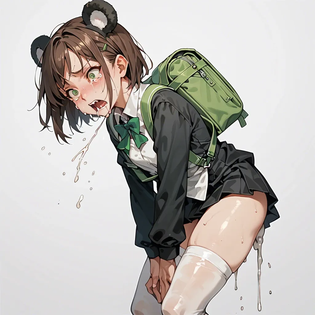 The illustration shows a school girl, she is dressed in a PANDA costume (ears and black and white clothes), white stockings, a backpack on her back, she has long brown hair, green eyes, flat chest. She is crying in pain, cum is pouring out of her mouth and pussy.  At school during a lesson