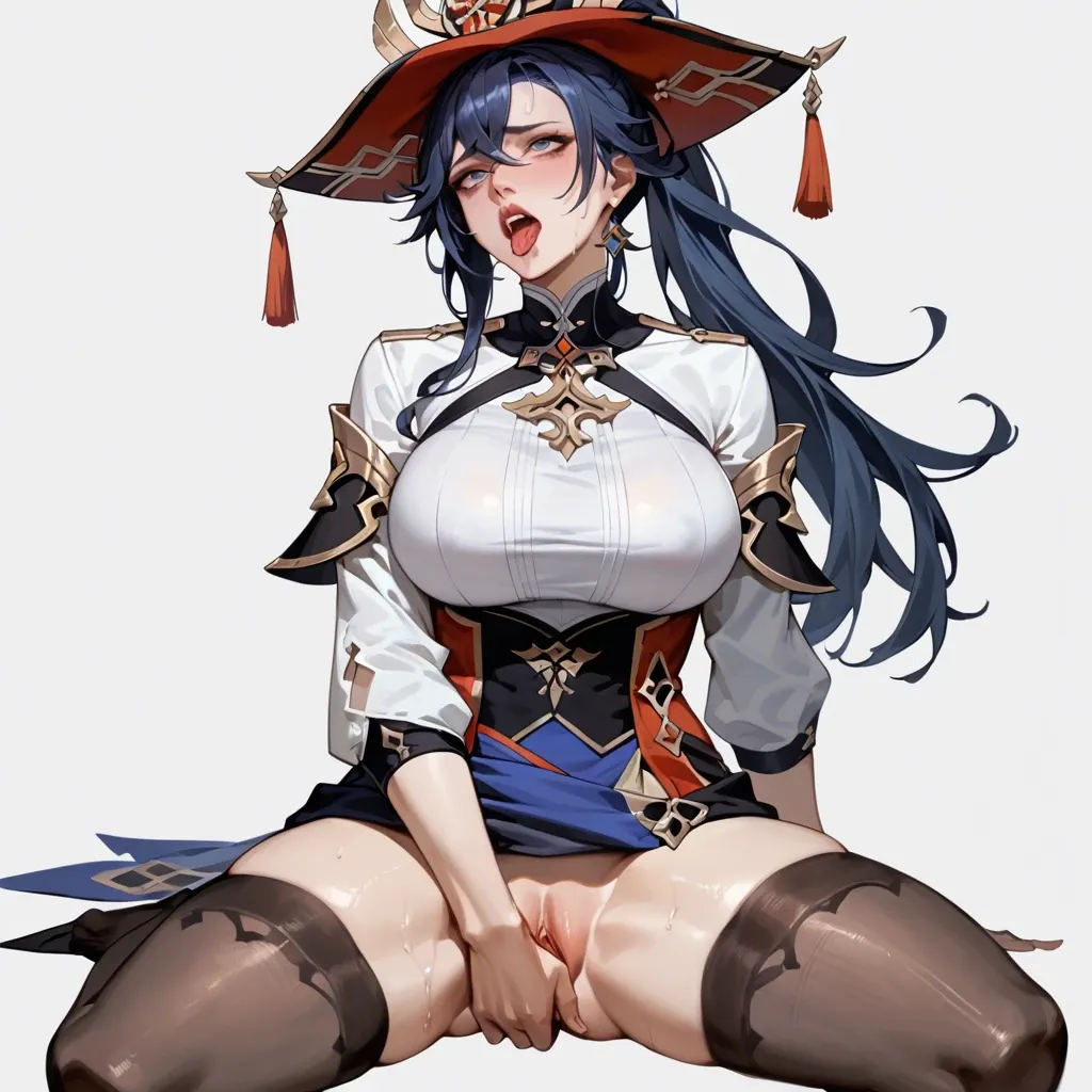 1girls,solo,long hair,ponytail hairstyle,doublet,shirt,skirt,stockings,hat tyroleant,dark blue hair,big breasts,Clorinde(genshin impact),ahe-gao, masturbation,spread legs