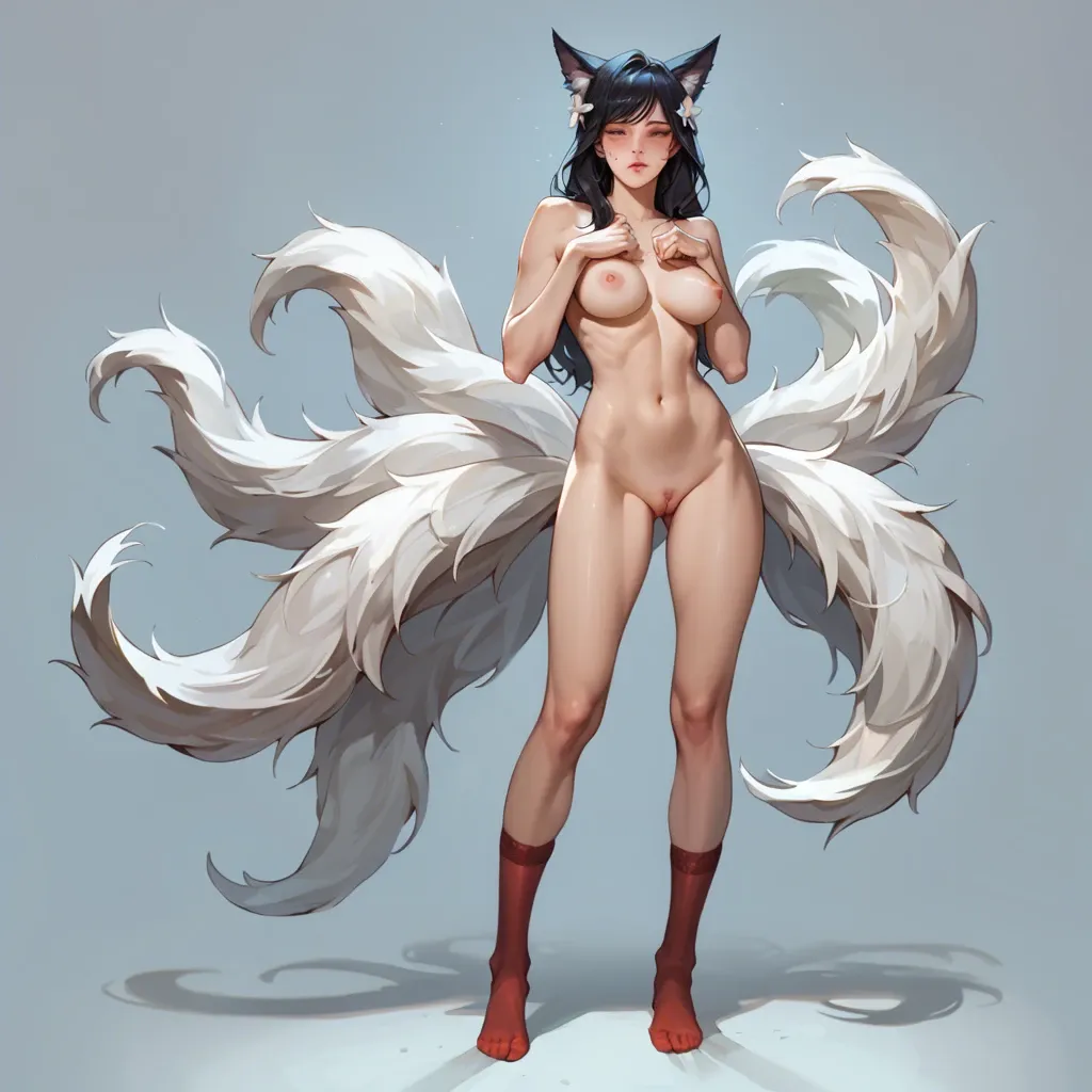 Ahri full body submissive pose standing facing forward no shoes shy