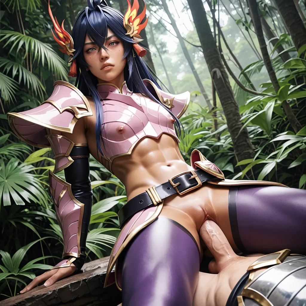 1femboy, 3d,phoenix ikki(saint seiya),dark blue hair,freckles,adorable femboy,girly male,dark purple tights,silver armor,Phoenix armor,pov,tanned skin,pink armor belt,jungle