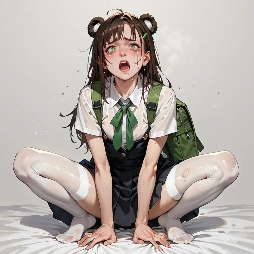 The illustration shows a schoolgirl, she is dressed in a PANDA costume (ears and black and white clothes), white stockings, she has a backpack on her back, she has long brown hair, green eyes, flat chest. She's crying in pain.  At school during a lesson