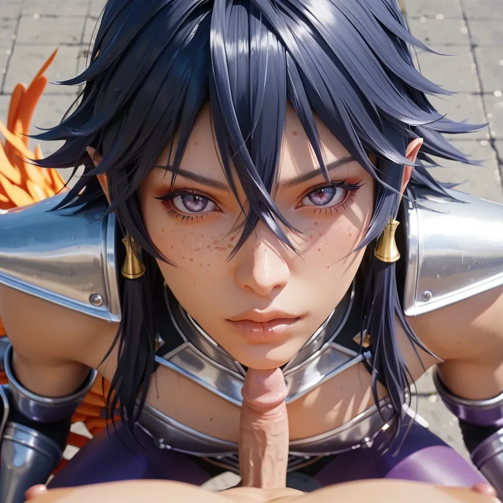 1femboy, 3d,phoenix ikki(saint seiya),dark blue hair,freckles,adorable femboy,girly male,dark purple tights,silver armor,Phoenix armor,pov,tanned skin,solo,close-up,perfect face