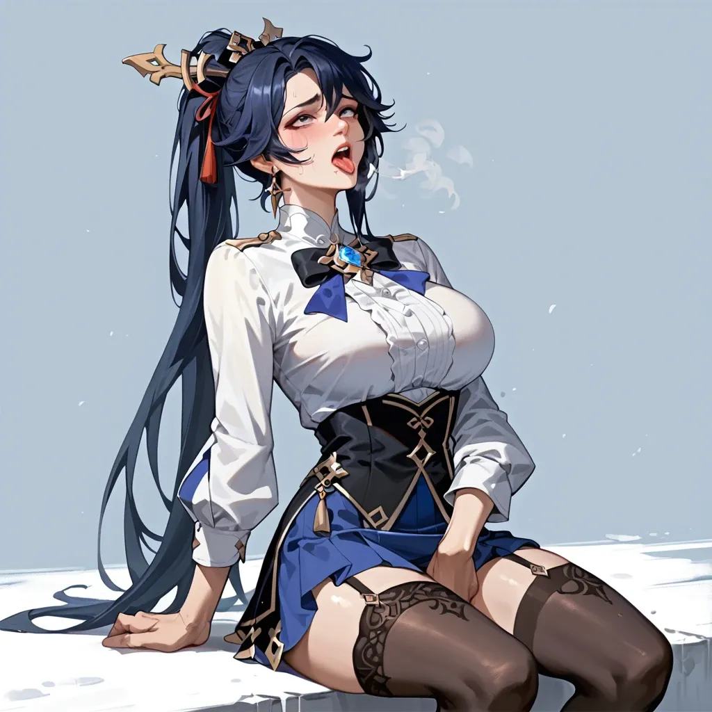 1girls,solo,long hair,ponytail hairstyle,doublet,shirt,skirt,stockings,hat tyroleant,dark blue hair,big breasts,grabbing brists,Clorinde(genshin impact),ahe-gao,masturbation,spread ass