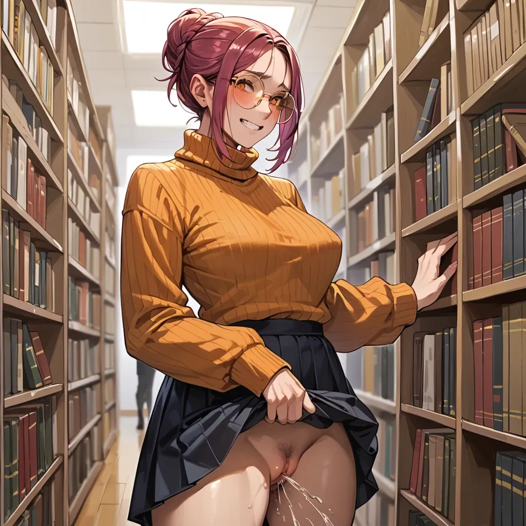 solo girl, smart, magenta hair, big orange eyes, bun hair, standing, gold round glasses, big tits, smile, skirt up, sweater, pussy masturbation, squirt, library, blush