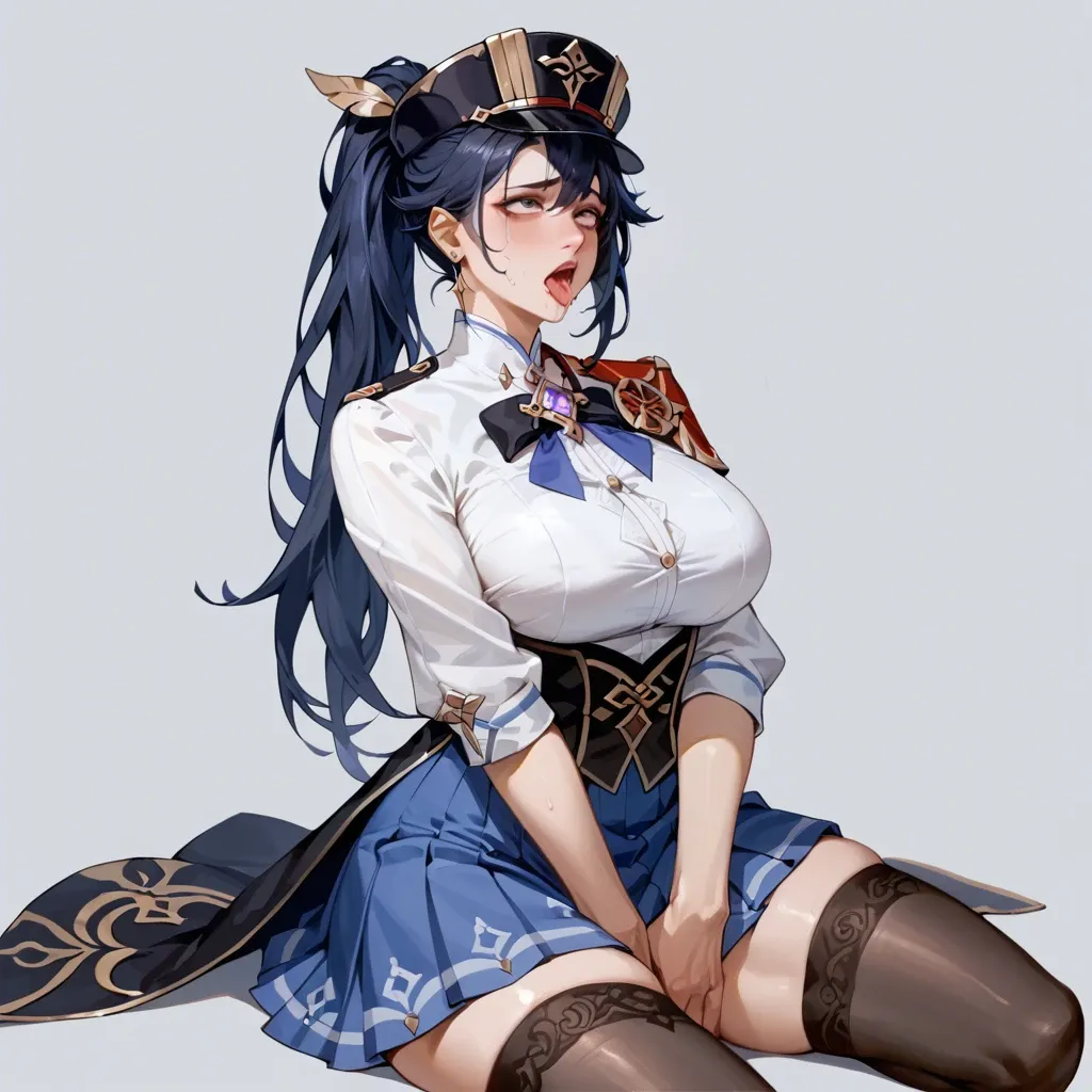 1girls,solo,long hair,ponytail hairstyle,doublet,shirt,skirt,stockings,hat tyroleant,dark blue hair,big breasts,grabbing brists,Clorinde(genshin impact),ahe-gao,masturbation