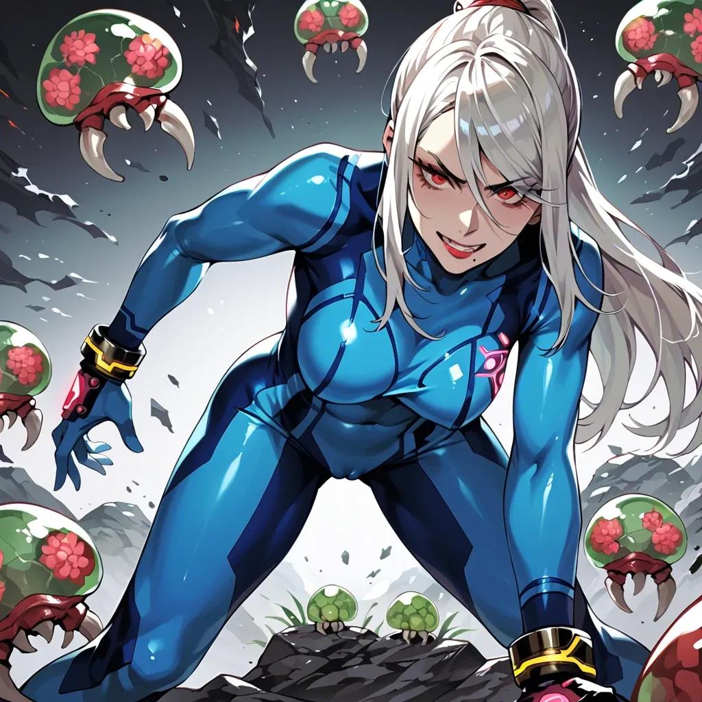 Evil Samus aran zero suit Metroid white hair red eyes mutation evil smile