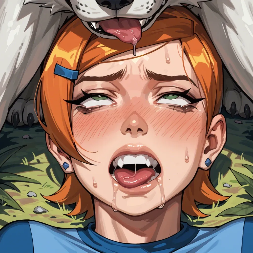 Gwen Tennyson (Ben10), in forest, missionary, sex with canine, full-face_blush, rolling_eyes, clenched_teeth, drooling, embarrassed, full_blush, leg lock, tongue on face, detailed face, close-up, canine penis, internal cumshot